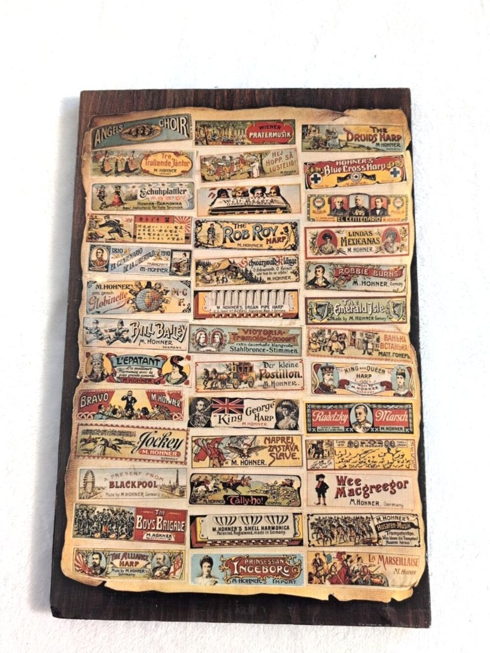 Vintage 1972 Hohner Harmonica Models Litho Sign on Plywood 11x17" GUC Rare!